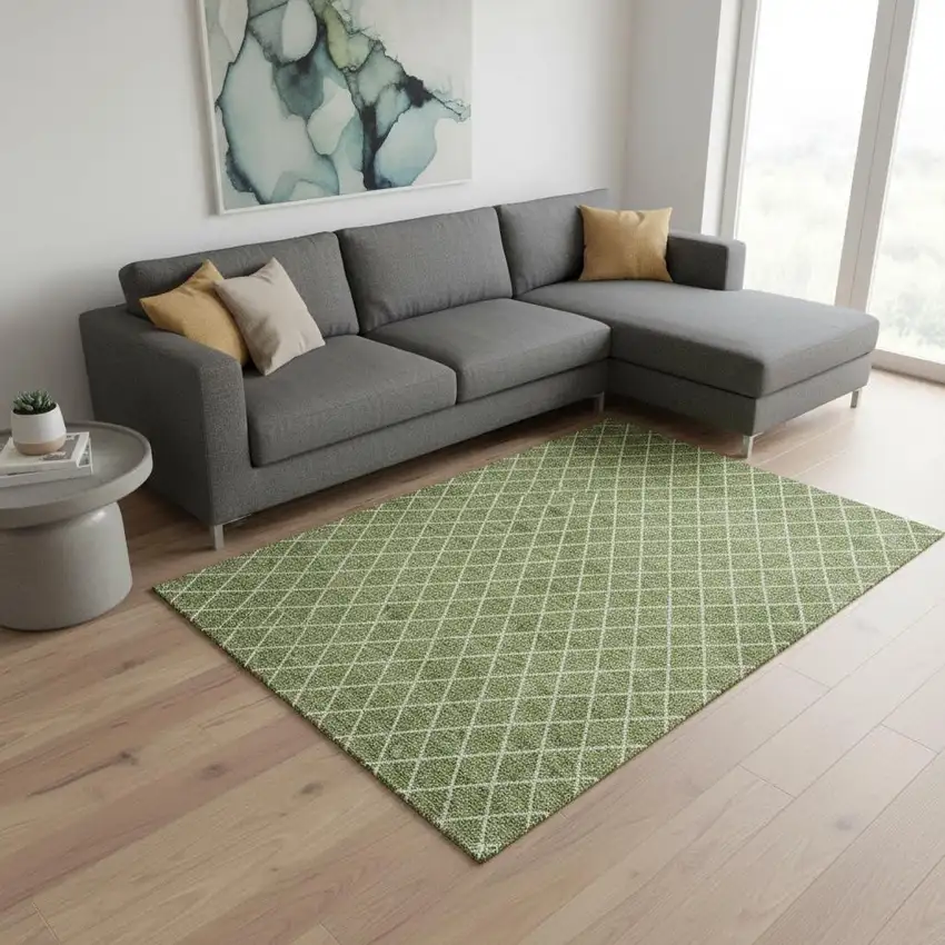 Green And Ivory Geometric Washable Area Rug With UV Protection Photo 2