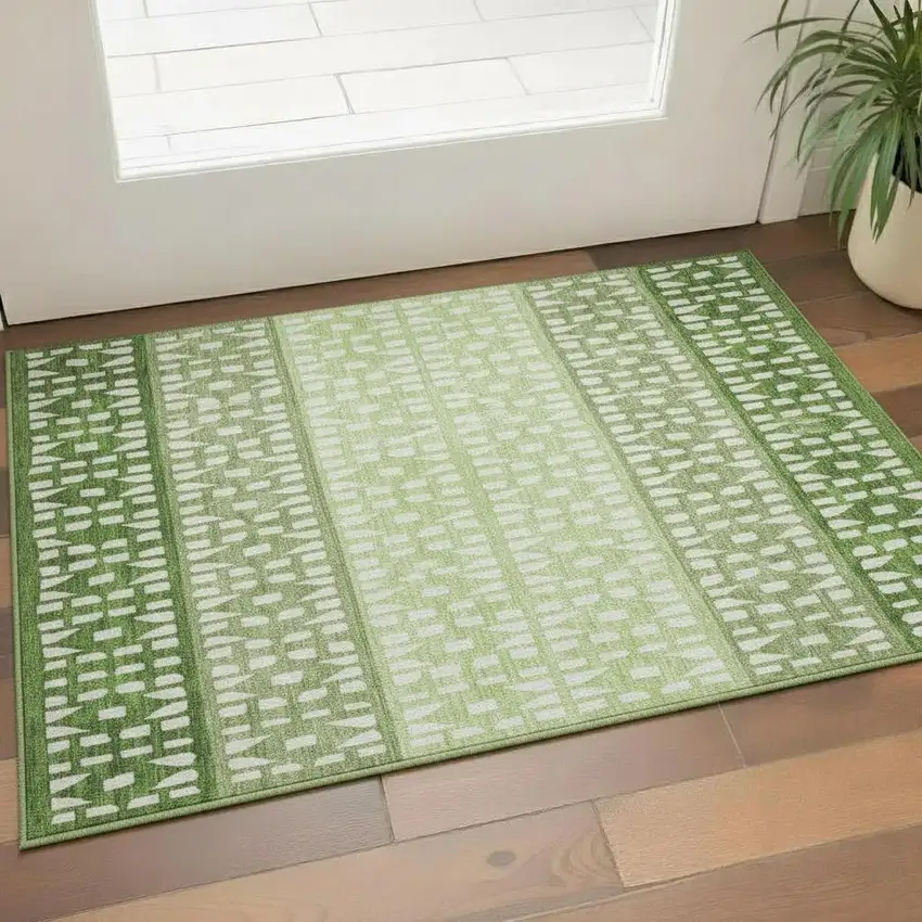 Green And Ivory Geometric Washable Area Rug With UV Protection Photo 2