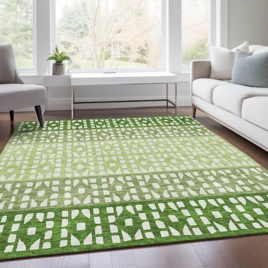 Green And Ivory Geometric Washable Area Rug With UV Protection Photo 5
