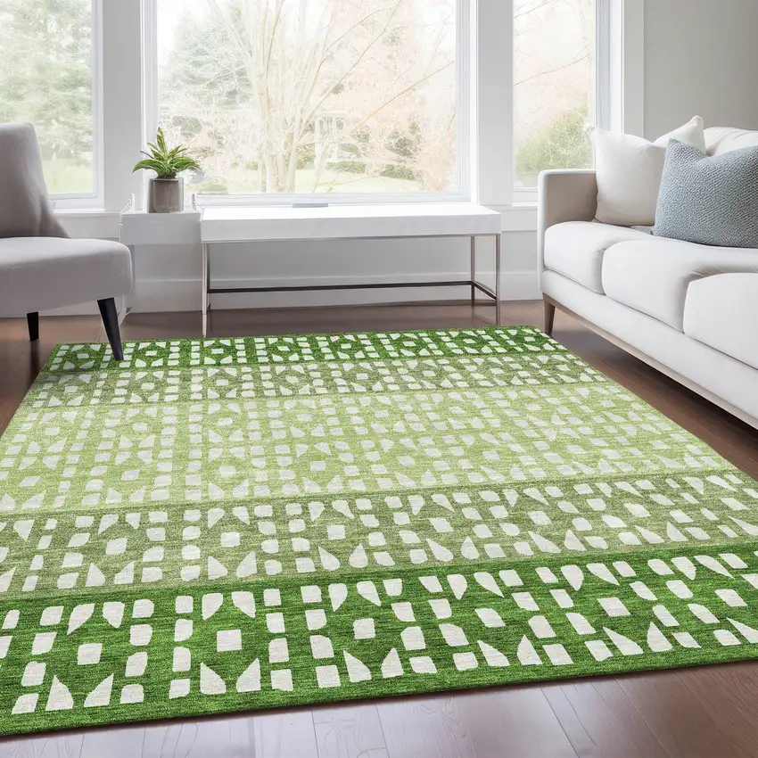 Green And Ivory Geometric Washable Area Rug With UV Protection Photo 5
