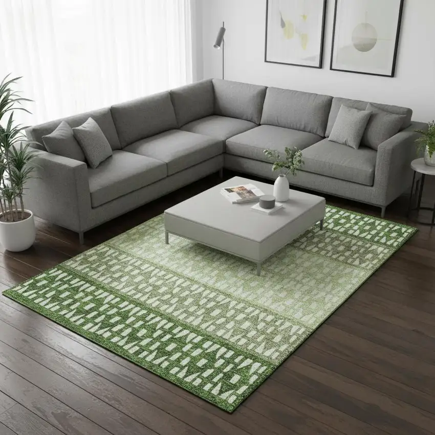 Green And Ivory Geometric Washable Area Rug With UV Protection Photo 2