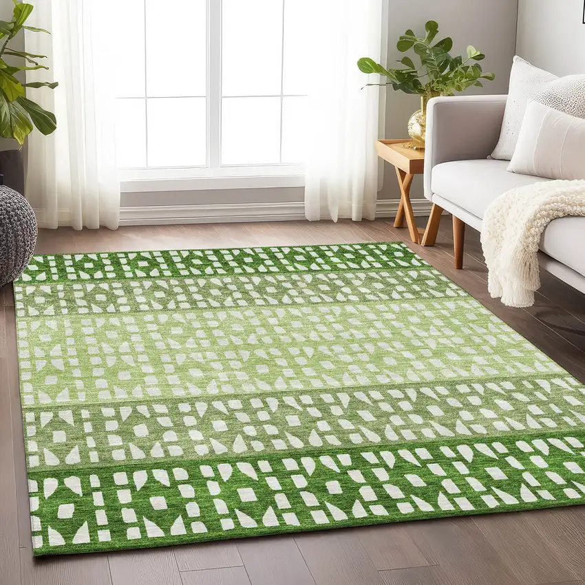 Green And Ivory Geometric Washable Area Rug With UV Protection Photo 4