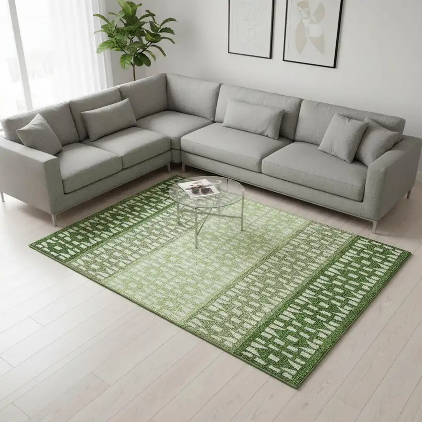 Green And Ivory Geometric Washable Area Rug With UV Protection Photo 2