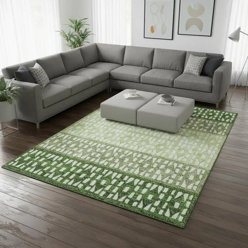 Green And Ivory Geometric Washable Area Rug With UV Protection Photo 2