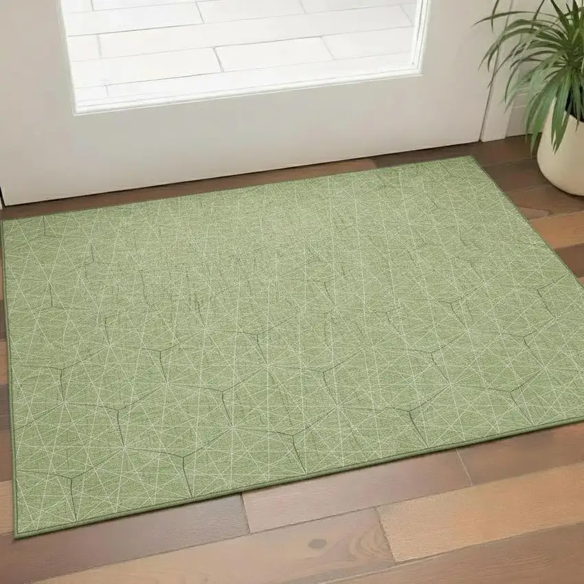 Green And Ivory Geometric Washable Area Rug With UV Protection Photo 2