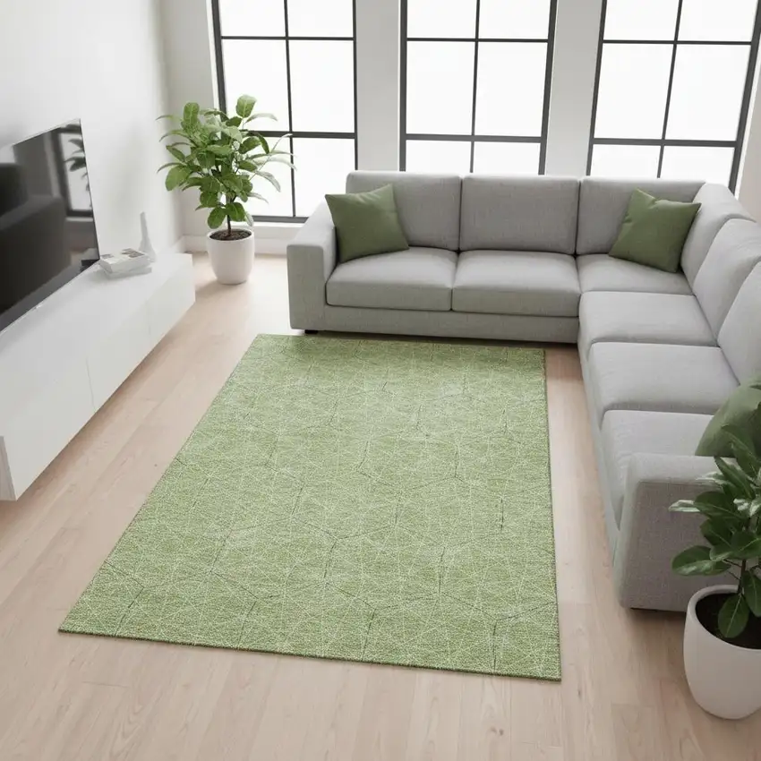 Green And Ivory Geometric Washable Area Rug With UV Protection Photo 2