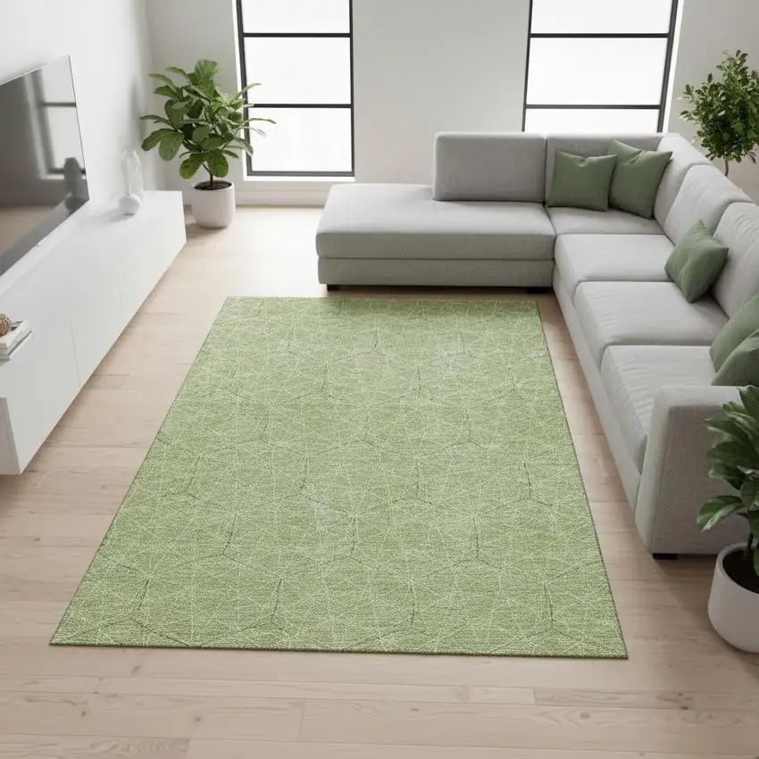 Green And Ivory Geometric Washable Area Rug With UV Protection Photo 2