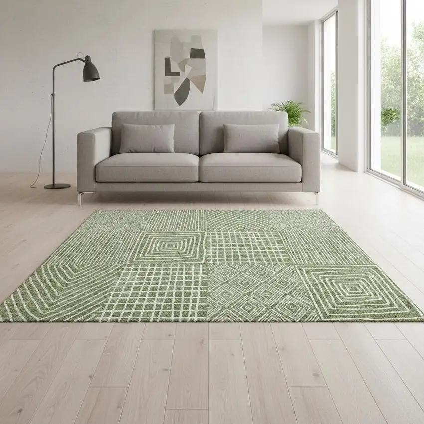 Green And Ivory Geometric Washable Area Rug With UV Protection Photo 2