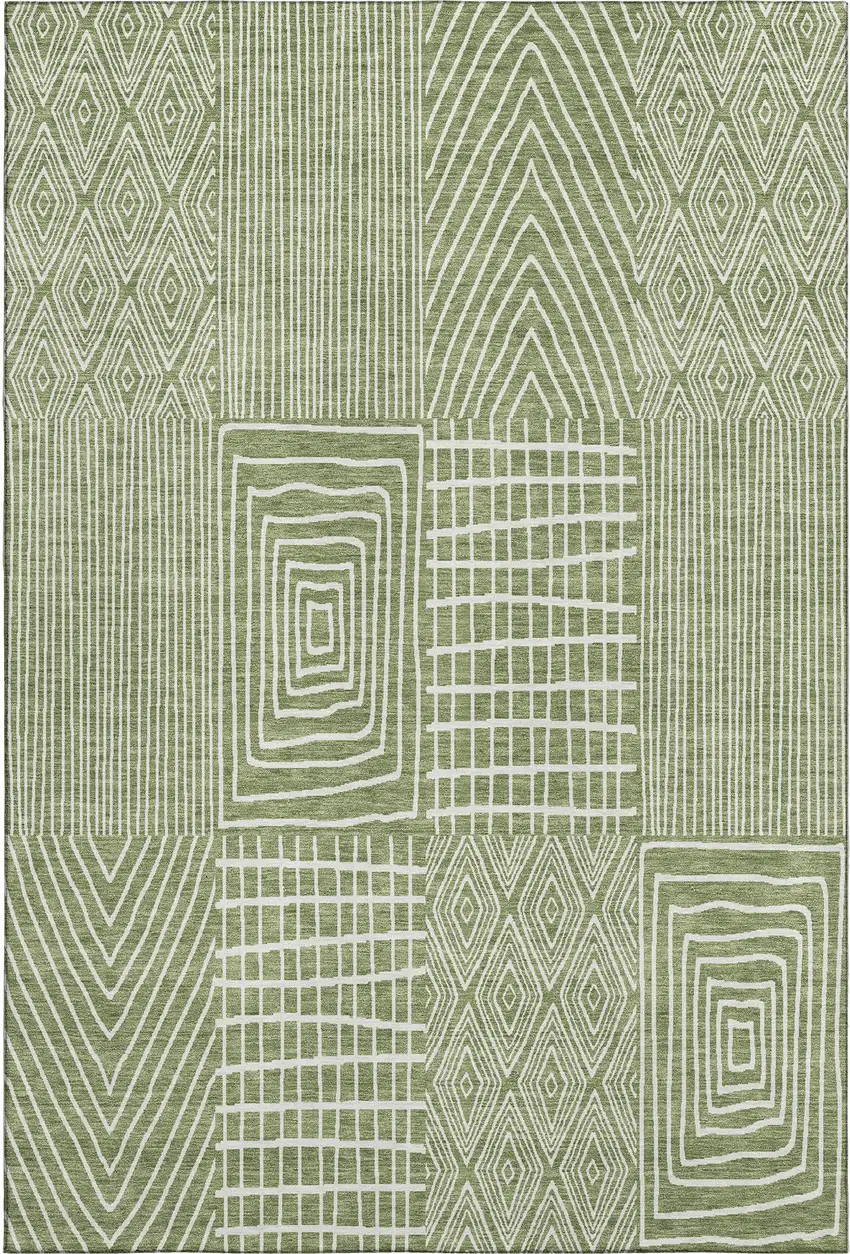 Green And Ivory Geometric Washable Area Rug With UV Protection Photo 1