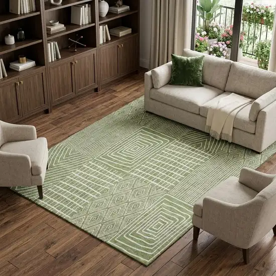 Green And Ivory Geometric Washable Area Rug With UV Protection Photo 1