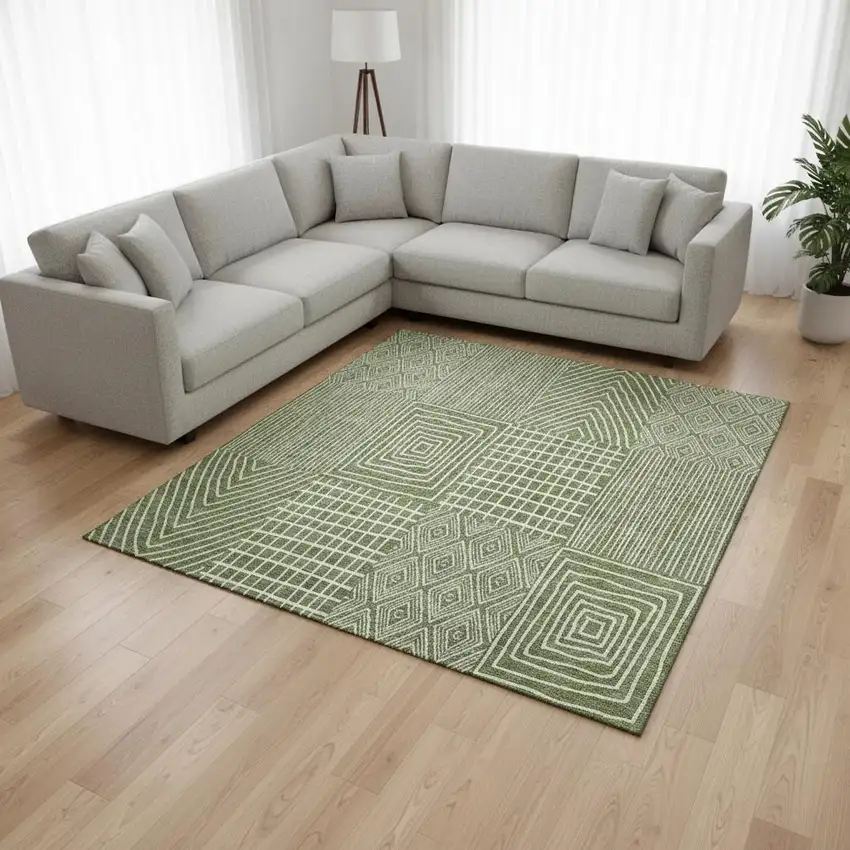 Green And Ivory Geometric Washable Area Rug With UV Protection Photo 2