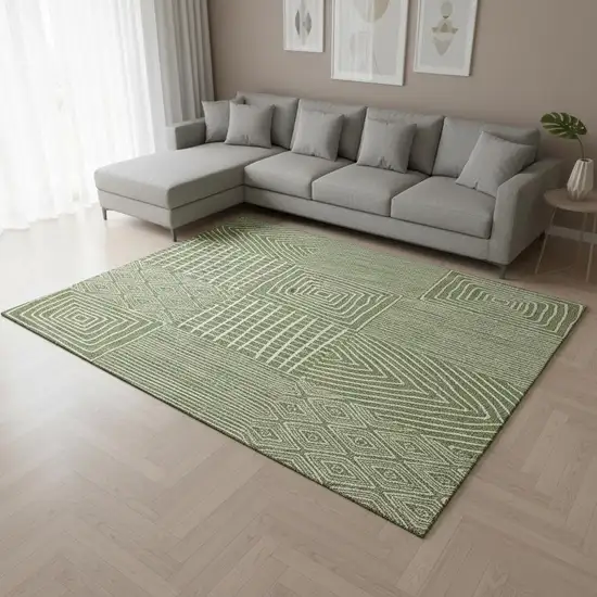 Green And Ivory Geometric Washable Area Rug With UV Protection Photo 2