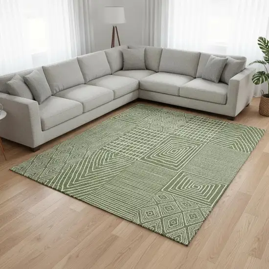 Green And Ivory Geometric Washable Area Rug With UV Protection Photo 2