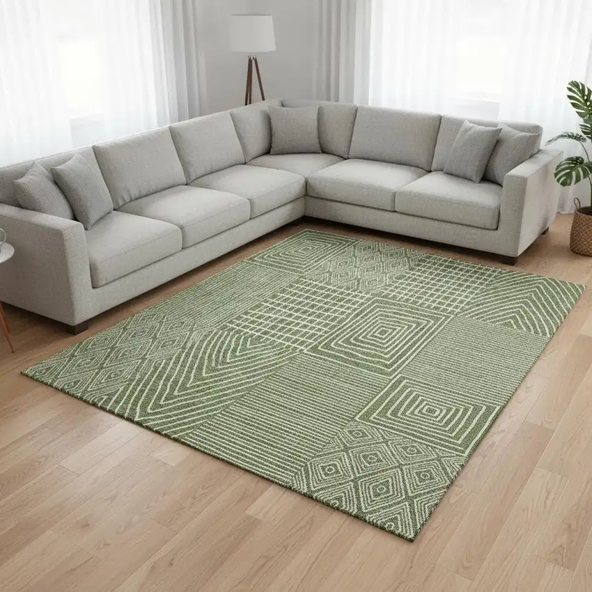 Green And Ivory Geometric Washable Area Rug With UV Protection Photo 2