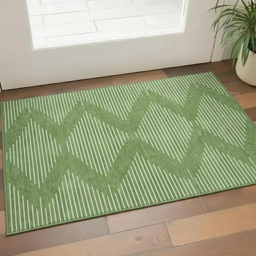Green And Ivory Geometric Washable Area Rug With UV Protection Photo 2