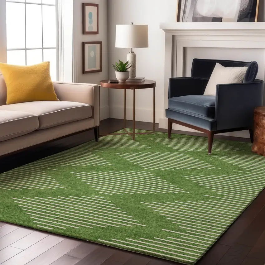 Green And Ivory Geometric Washable Area Rug With UV Protection Photo 4