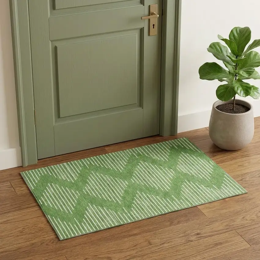 Green And Ivory Geometric Washable Area Rug With UV Protection Photo 1