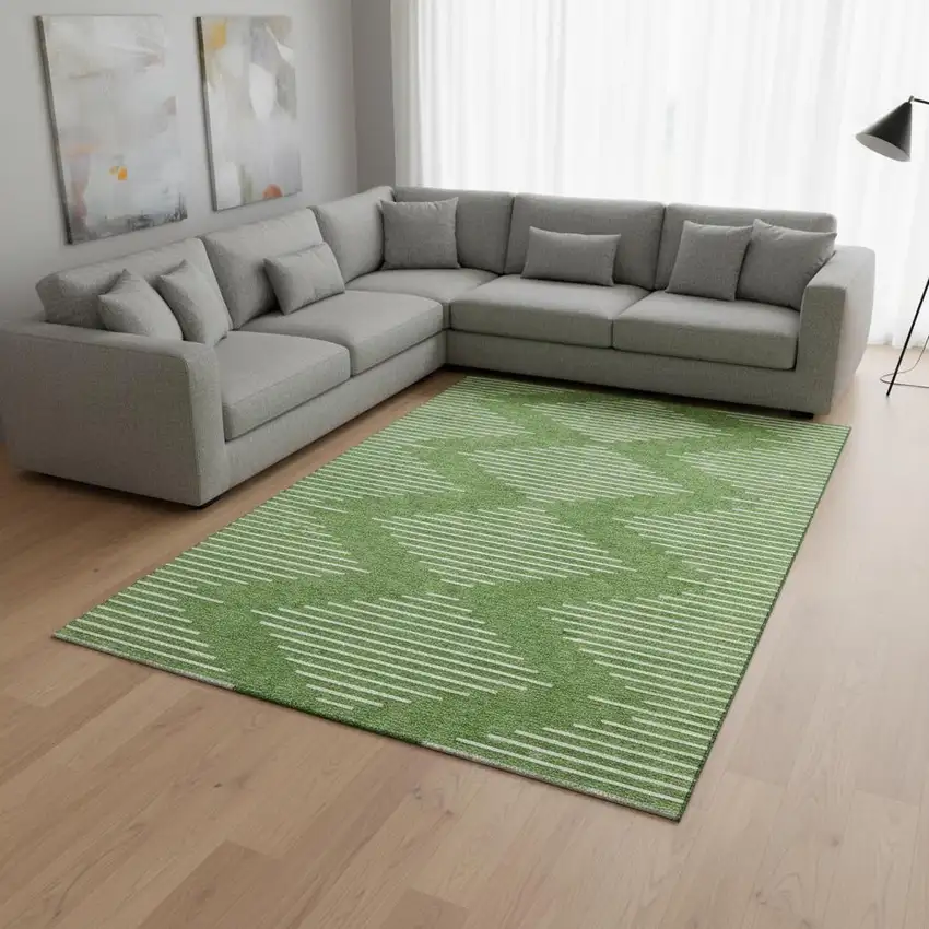 Green And Ivory Geometric Washable Area Rug With UV Protection Photo 2