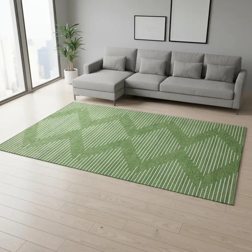 Green And Ivory Geometric Washable Area Rug With UV Protection Photo 2