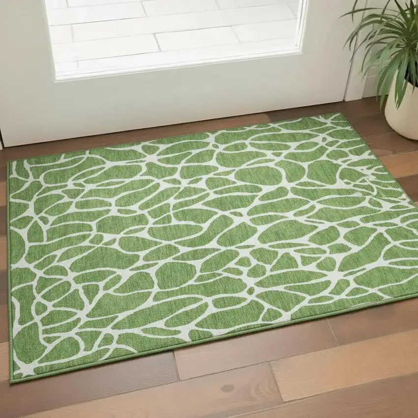Green And Ivory Geometric Washable Area Rug With UV Protection Photo 2