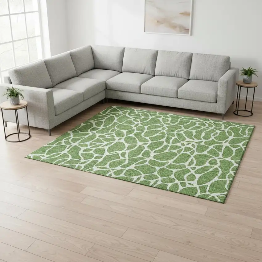 Green And Ivory Geometric Washable Area Rug With UV Protection Photo 2