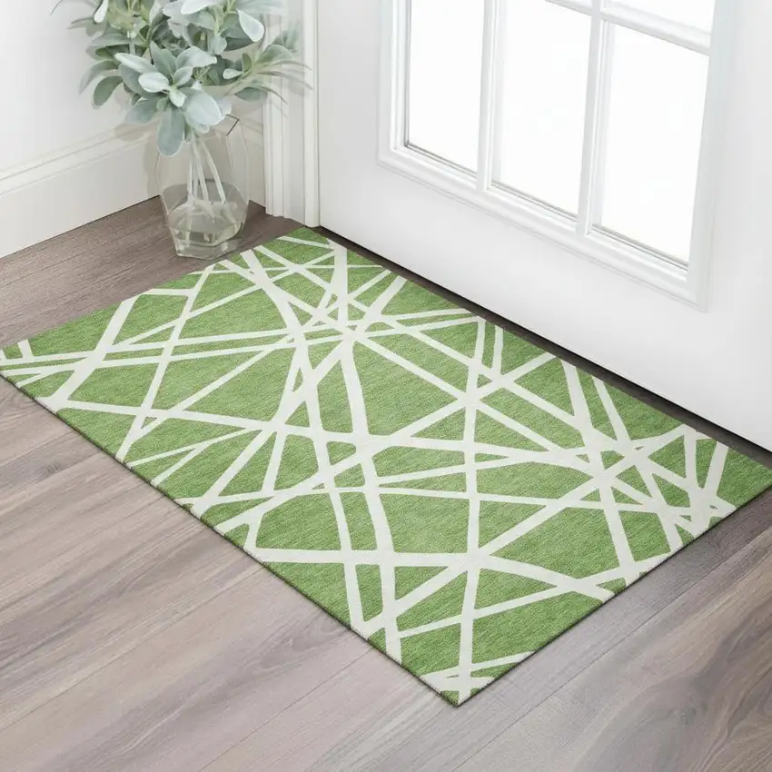 Green And Ivory Geometric Washable Area Rug With UV Protection Photo 2