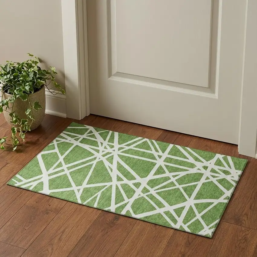 Green And Ivory Geometric Washable Area Rug With UV Protection Photo 1