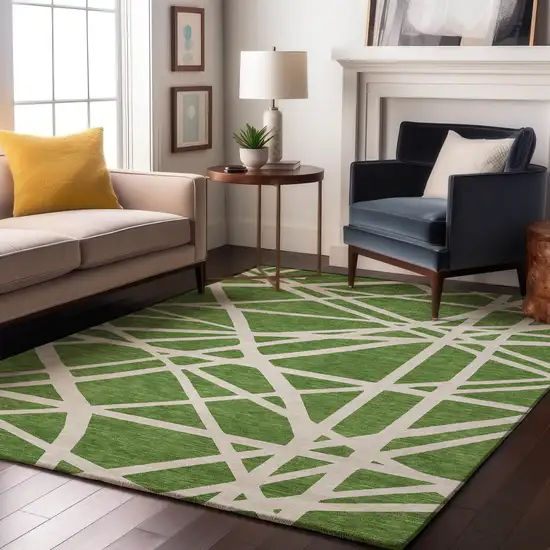 Green And Ivory Geometric Washable Area Rug With UV Protection Photo 4