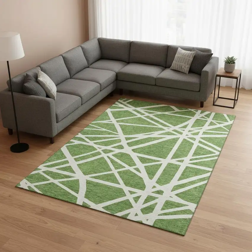 Green And Ivory Geometric Washable Area Rug With UV Protection Photo 2