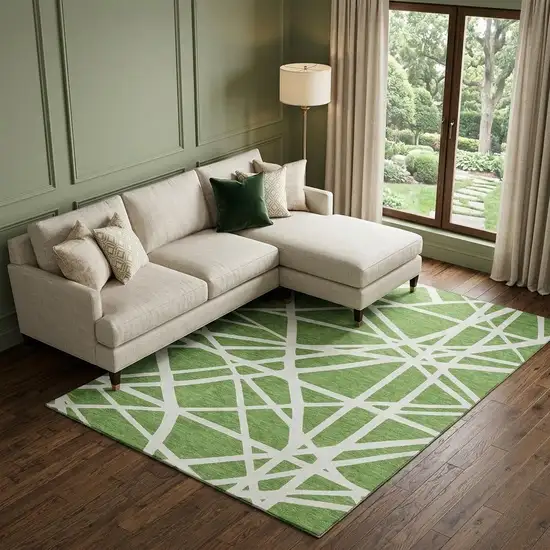 Green And Ivory Geometric Washable Area Rug With UV Protection Photo 1