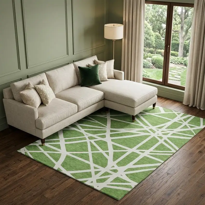 Green And Ivory Geometric Washable Area Rug With UV Protection Photo 1