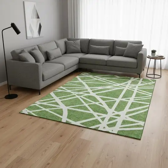 Green And Ivory Geometric Washable Area Rug With UV Protection Photo 2