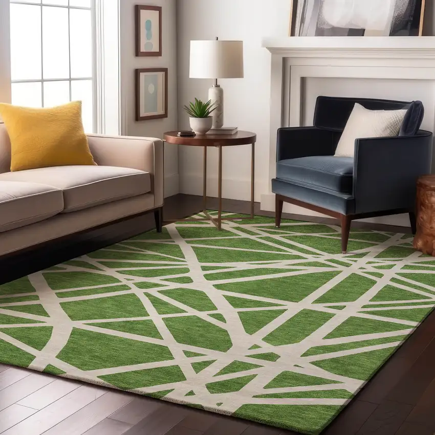 Green And Ivory Geometric Washable Area Rug With UV Protection Photo 4
