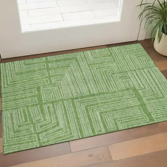 Green And Ivory Geometric Washable Area Rug With UV Protection Photo 1