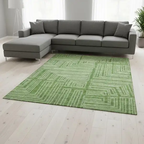 Green And Ivory Geometric Washable Area Rug With UV Protection Photo 2