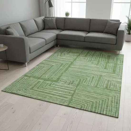 Green And Ivory Geometric Washable Area Rug With UV Protection Photo 2