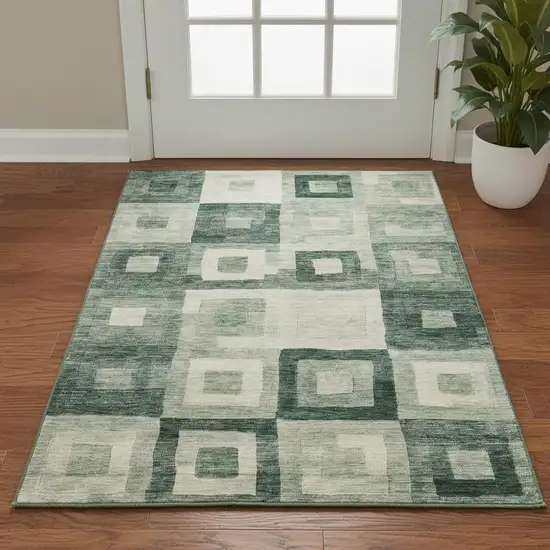 Green And Ivory Geometric Washable Area Rug With UV Protection Photo 2