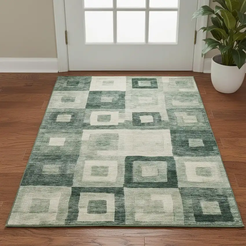 Green And Ivory Geometric Washable Area Rug With UV Protection Photo 2