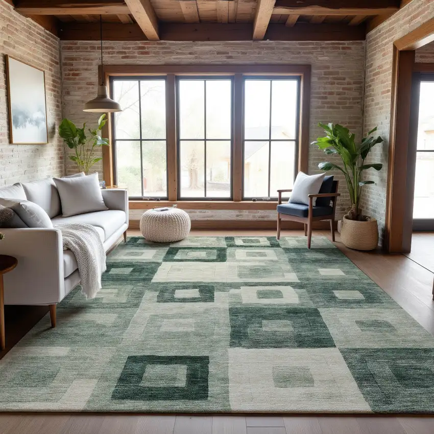 Green And Ivory Geometric Washable Area Rug With UV Protection Photo 5