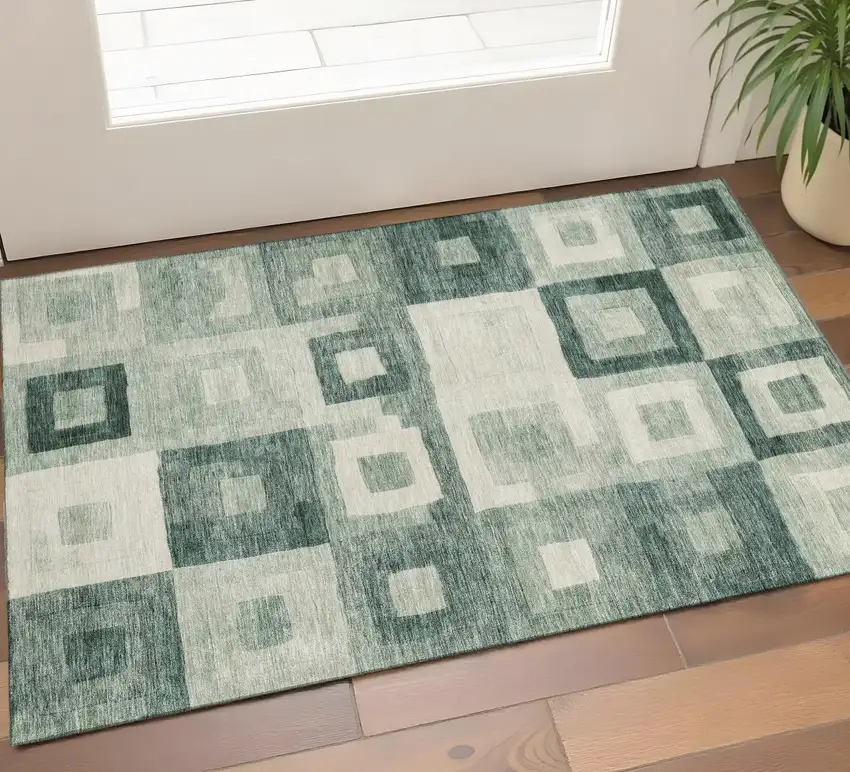 Green And Ivory Geometric Washable Area Rug With UV Protection Photo 1