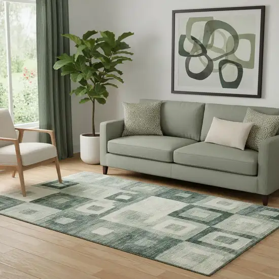 Green And Ivory Geometric Washable Area Rug With UV Protection Photo 2