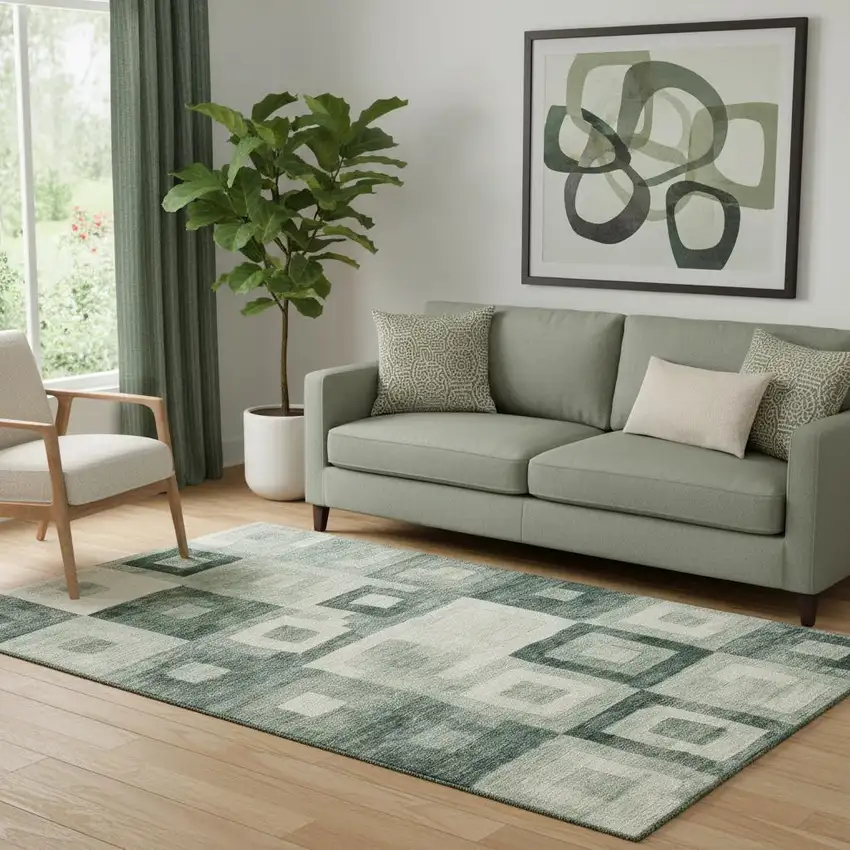 Green And Ivory Geometric Washable Area Rug With UV Protection Photo 2