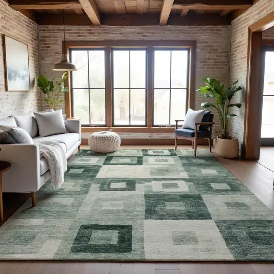 Green And Ivory Geometric Washable Area Rug With UV Protection Photo 4