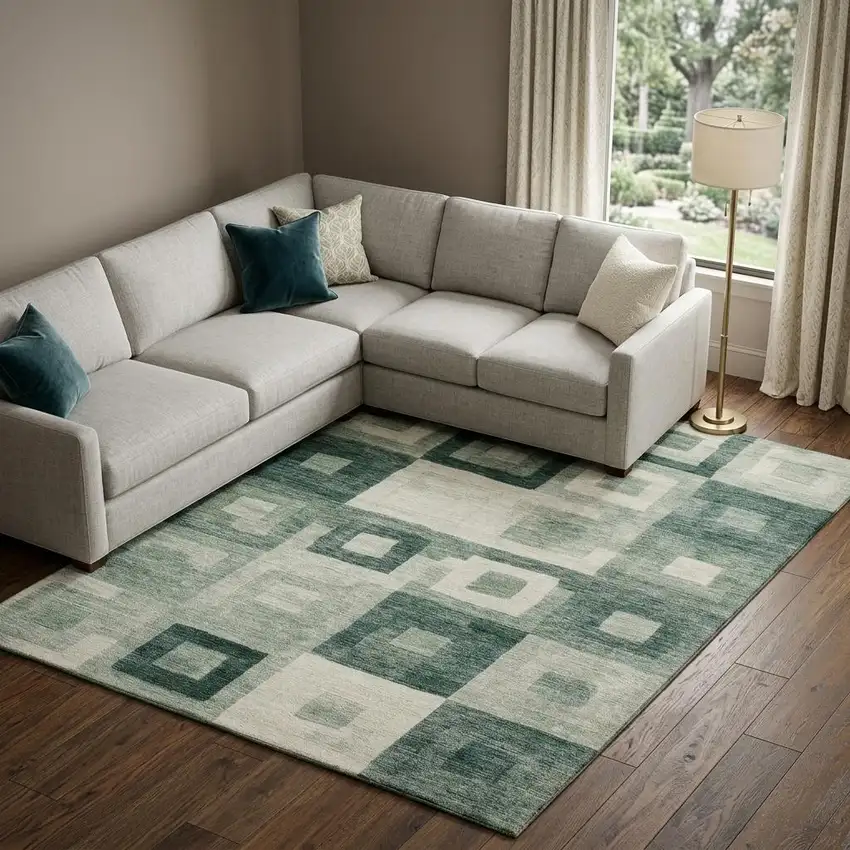 Green And Ivory Geometric Washable Area Rug With UV Protection Photo 1