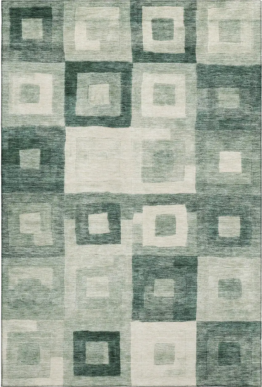 Green And Ivory Geometric Washable Area Rug With UV Protection Photo 1