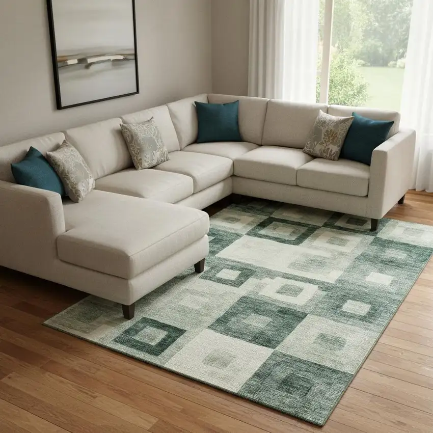 Green And Ivory Geometric Washable Area Rug With UV Protection Photo 2