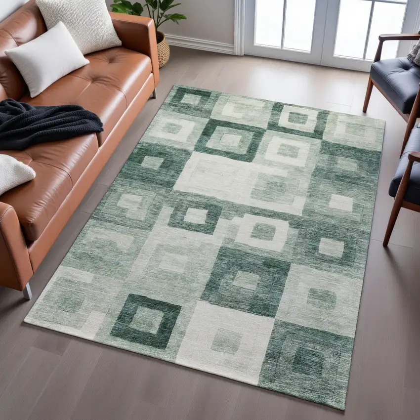 Green And Ivory Geometric Washable Area Rug With UV Protection Photo 5