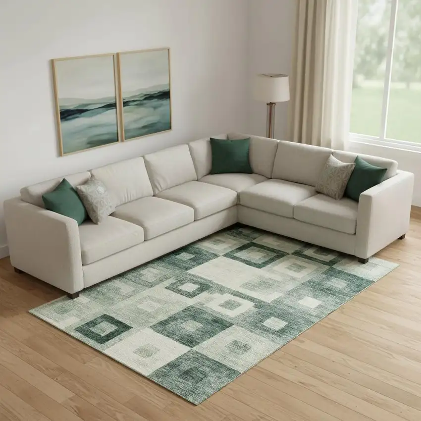 Green And Ivory Geometric Washable Area Rug With UV Protection Photo 2