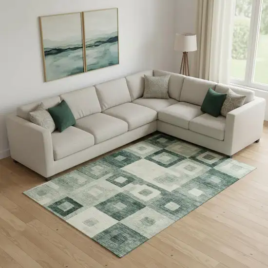 Green And Ivory Geometric Washable Area Rug With UV Protection Photo 2