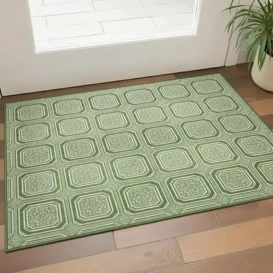Green And Ivory Geometric Washable Area Rug With UV Protection Photo 2